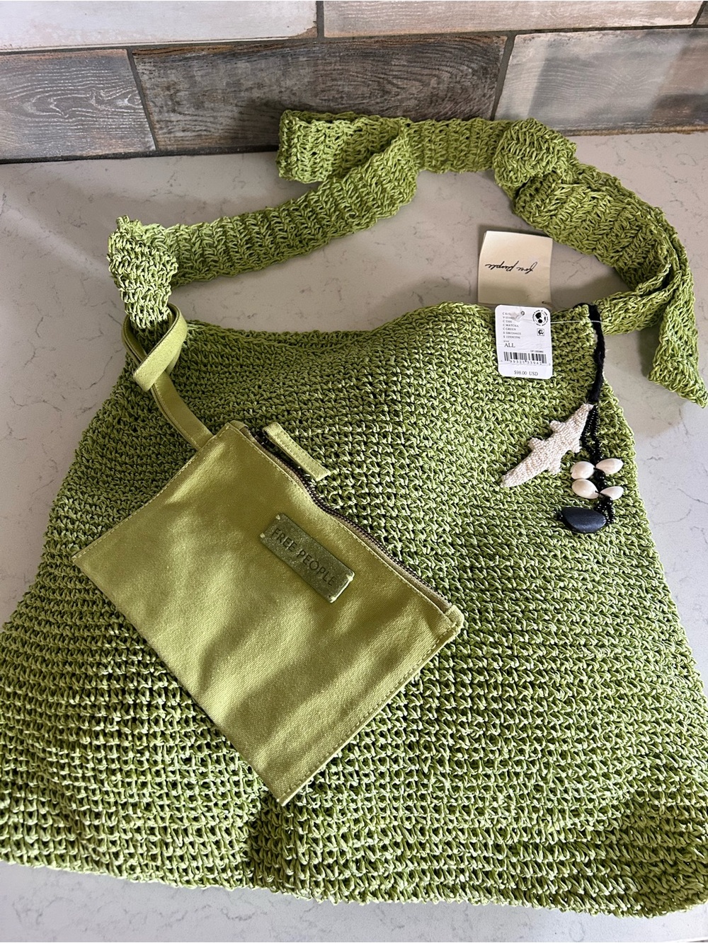 NWT Free People Coastal Crush Crochet Tote in Matcha with Bag Charms